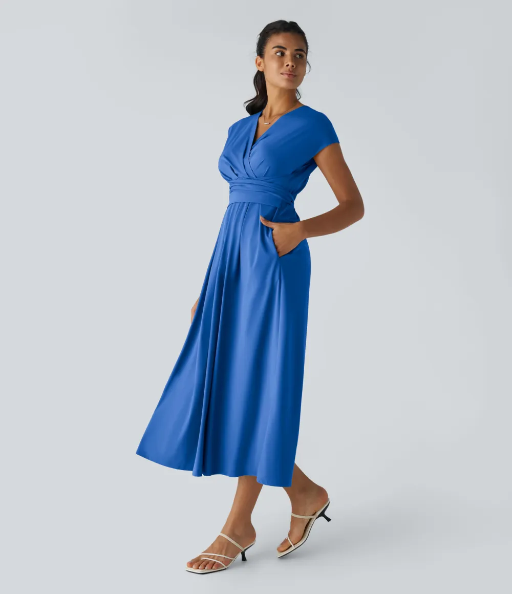 Breezeful V Neck Short Sleeve Side Pocket Tie Back Quick Dry Midi Casual Dress