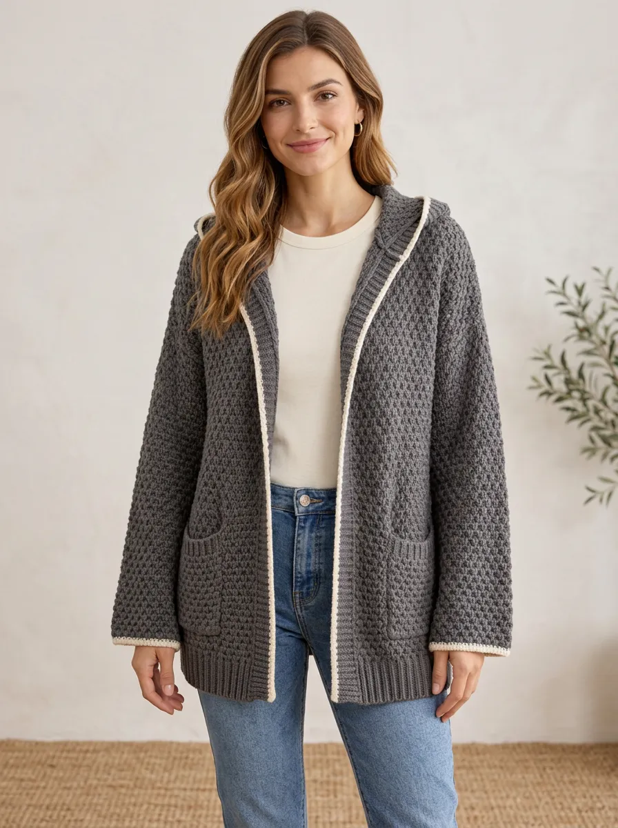 Women's Honeycomb-Knit Open-Front Patch-Pocket Contrast-Trim Hooded Cardigan