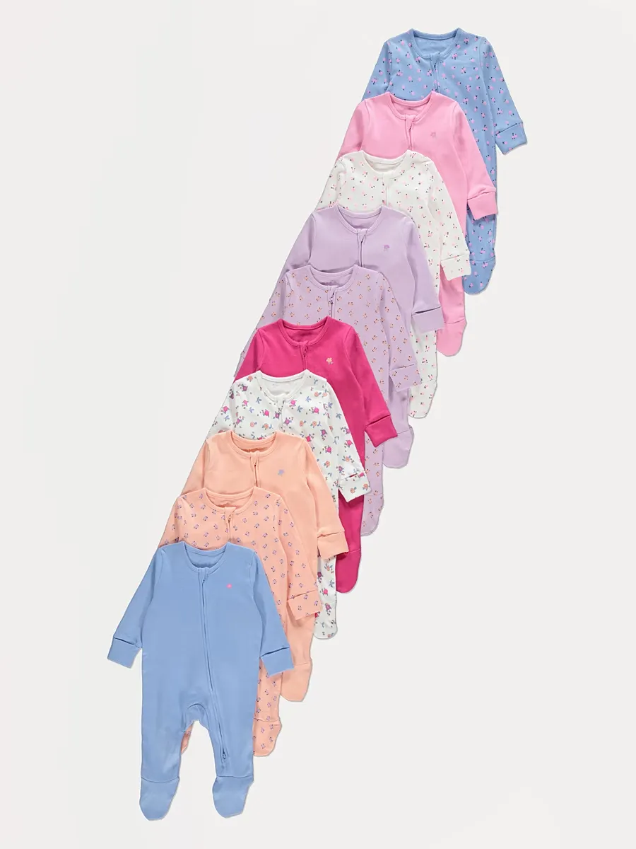 Floral Print Long Sleeve Sleepsuits 10 Pack