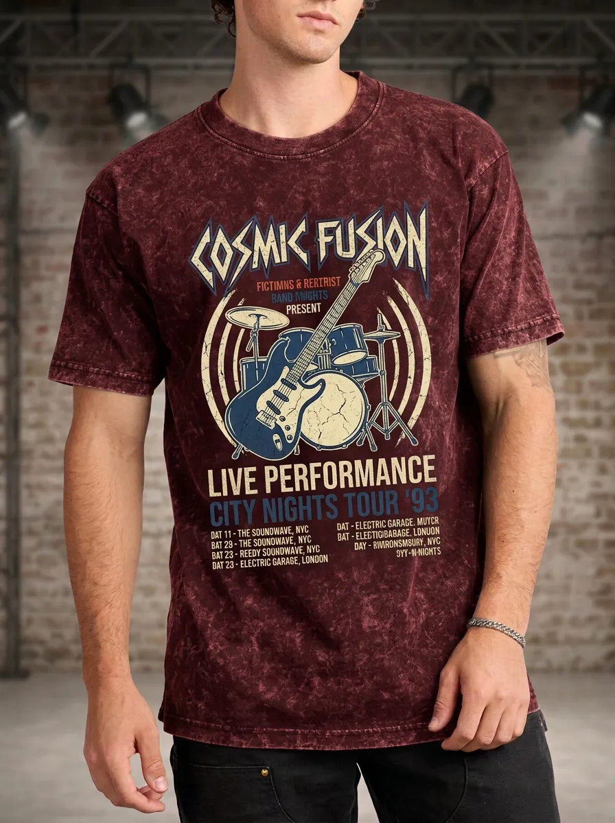 Men's Rock Band Cosmic Fusion Guitar Drum Printed T-shirt