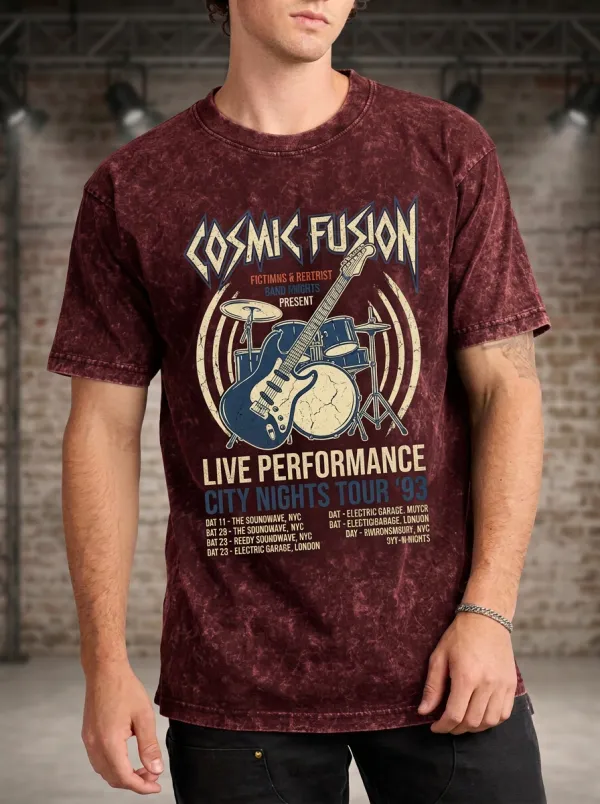 Men's Rock Band Cosmic Fusion Guitar Drum Printed T-shirt