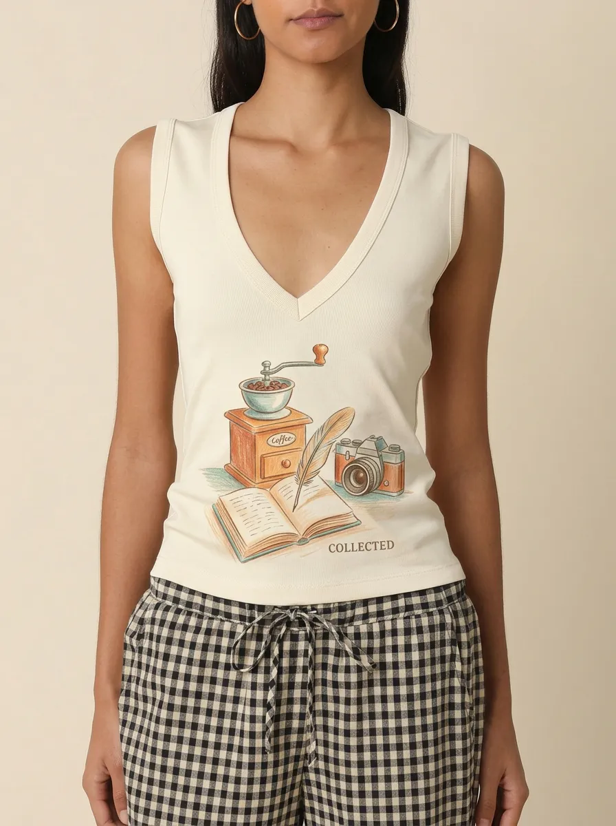 Women's Coffee Book Camera Lover Collected Printed Tank Top