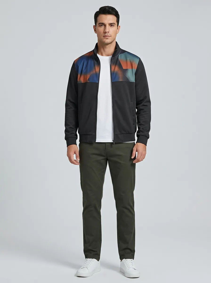 Geometric Print Stand Collar Track Jacket