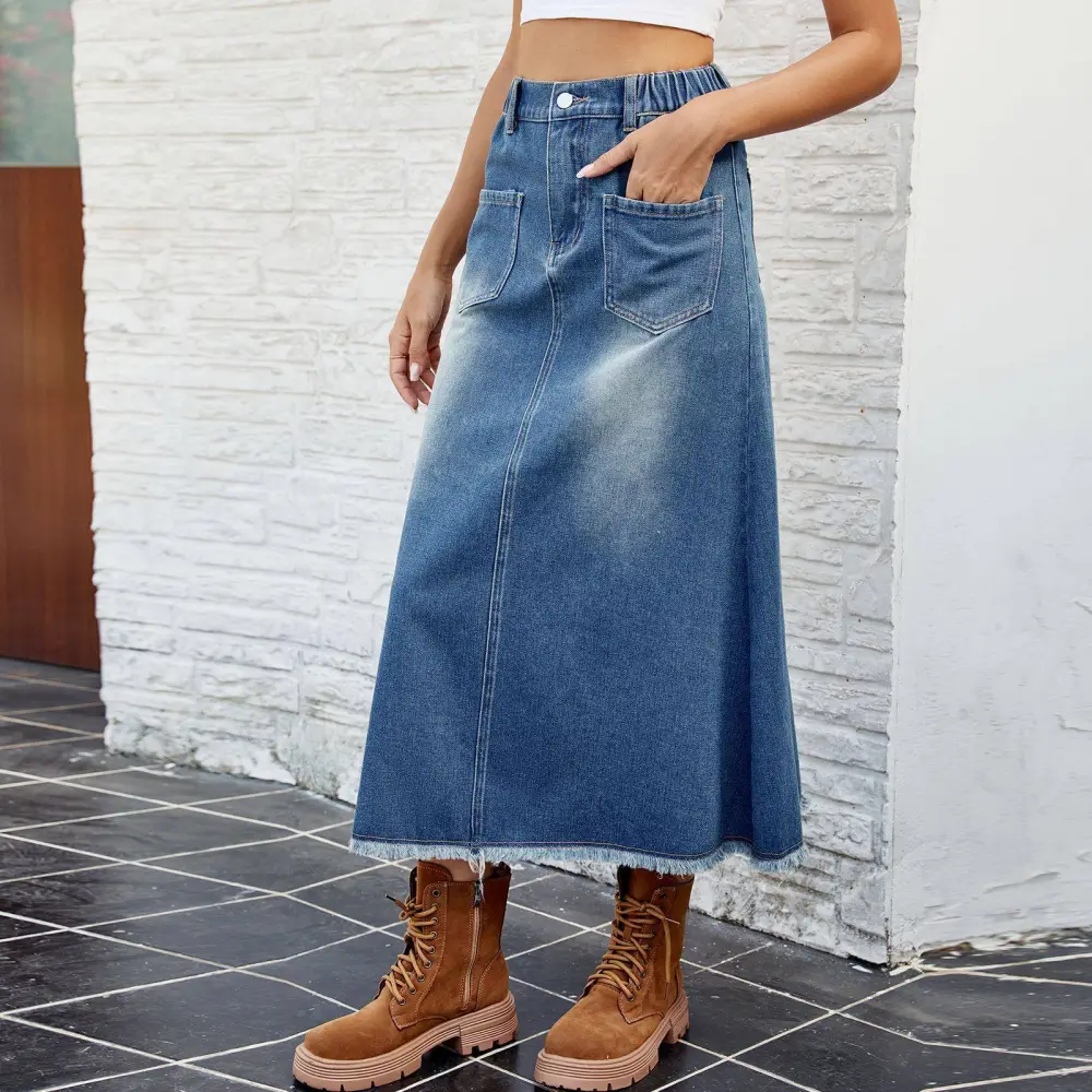 Structured Mid-Length Washed Denim Skirt
