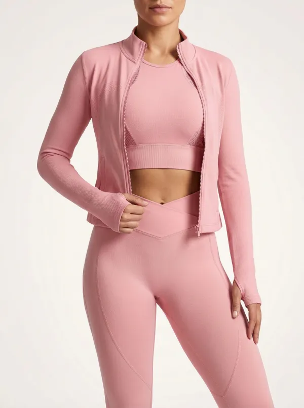 Streetwear Ribbed Texture Seamless Design Fit Women's Three Piece Activewear Set