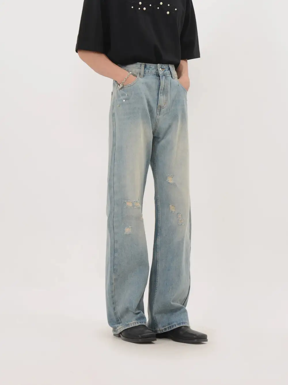 Distressed Straight-Leg Light-Wash Jeans