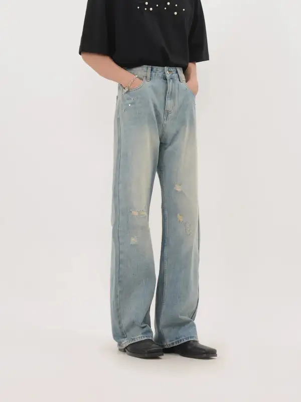 Distressed Straight-Leg Light-Wash Jeans