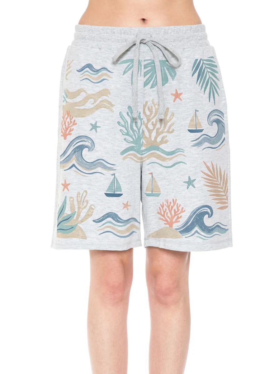 Women's Beach Lover Ocean Coral Sailboat Printed Shorts