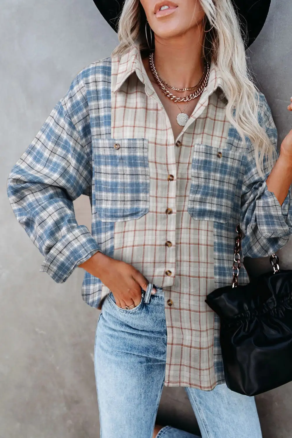 Plaid Color Block Pocket Button Up Long Sleeve Shirt
