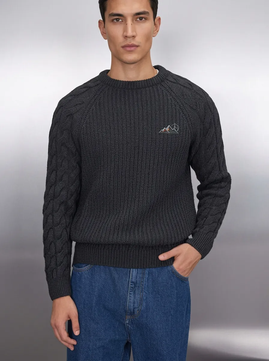 Men's Charcoal Grey Outdoor Mountain Graphic Embroidered Knit Sweater
