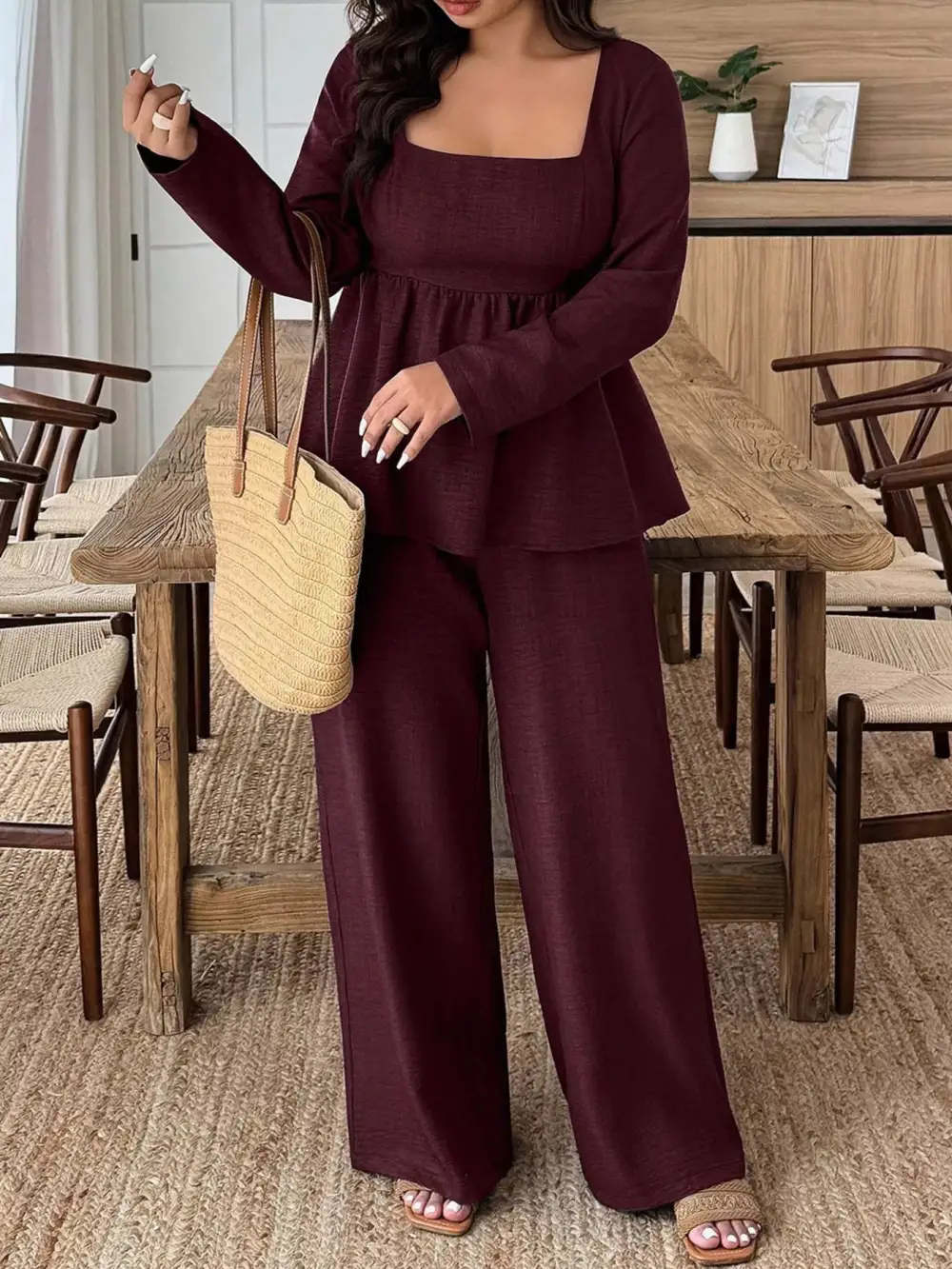Plus Size Square Neck Long Sleeve Top and Pants