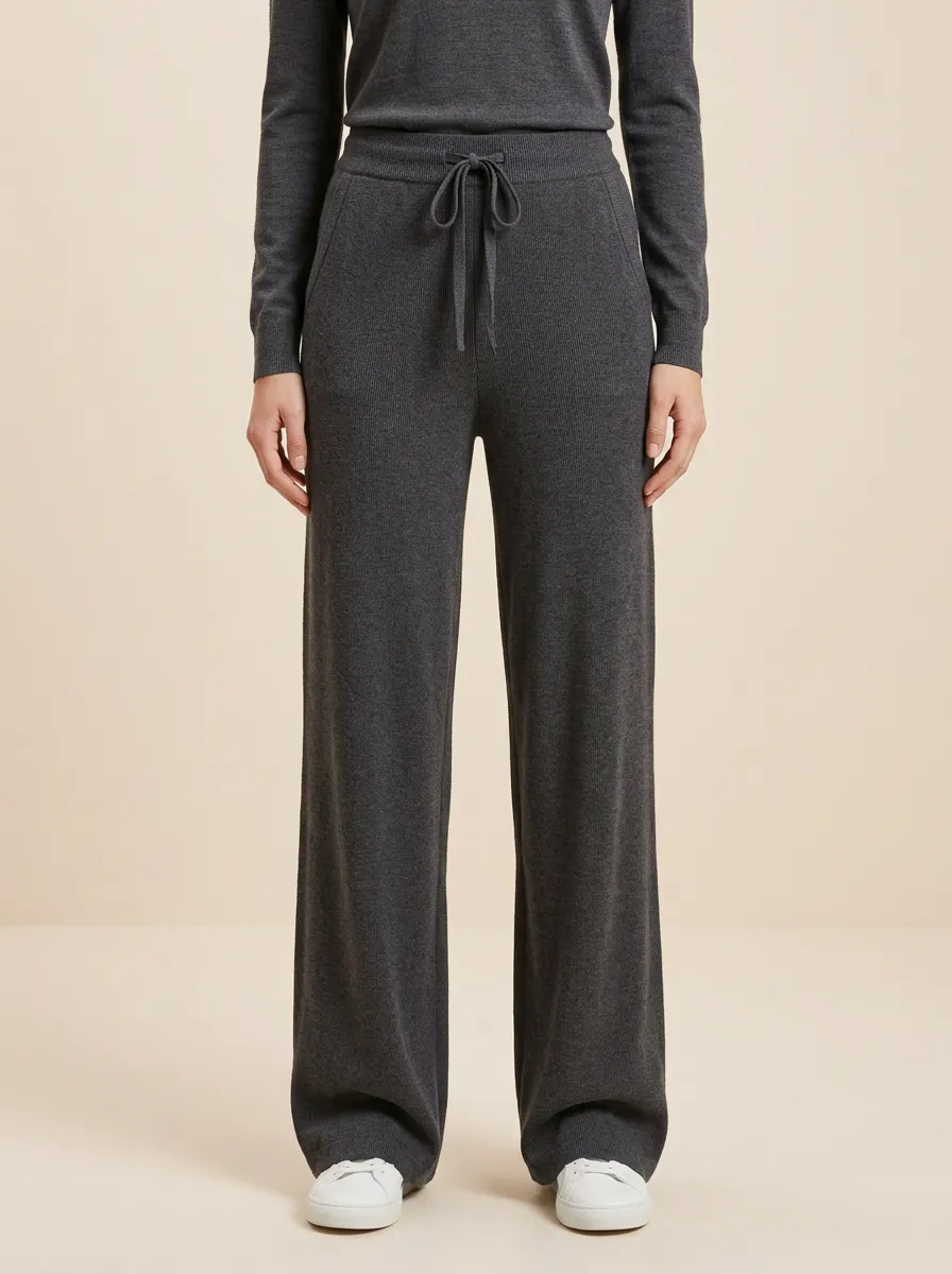 Ribbed Knitted Drawstring Wide Leg Pants