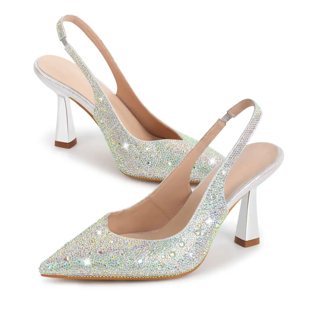 Rhinestone Pointed Toe Chunky Heel Slingback Pumps