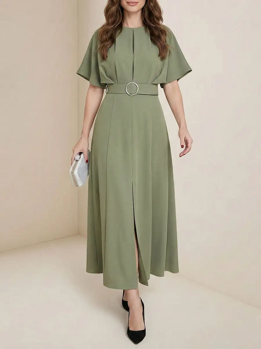 Split Pleated Sleeve Neck Maxi Dress
