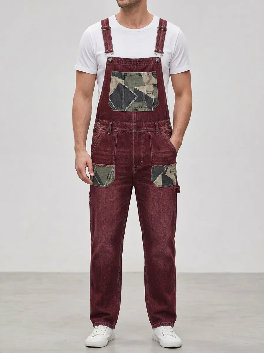 Patchwork Denim Contrast Stitch Overalls