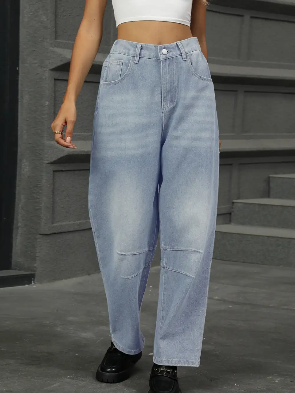 Washed Elastic-Waist Stretch Straight Leg Jeans