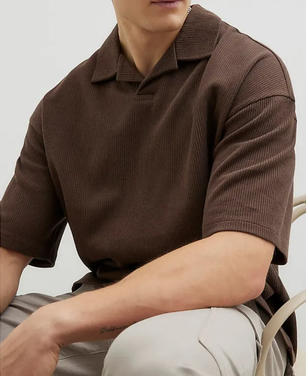 Men's Brown Stylish Ribbed Polo Shirt Short Sleeves