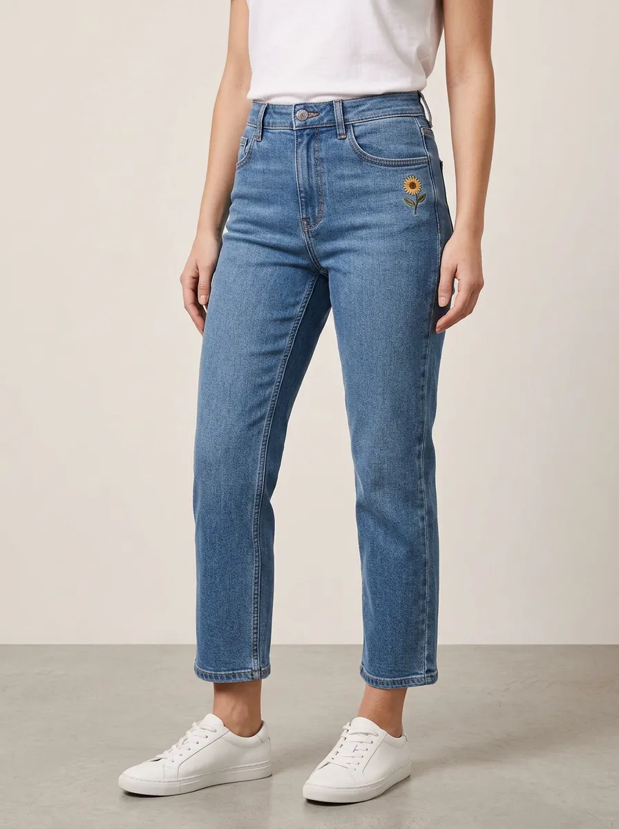 Women's Sunflower Embroidered Left-Hip Clean-Hem High-Rise Straight-Leg Jeans