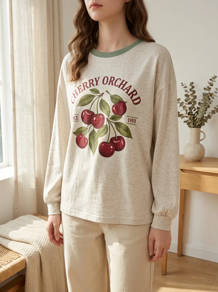 Women's Sweet Style Cherry Orchard Graphic Printed Long Sleeve T-shirt