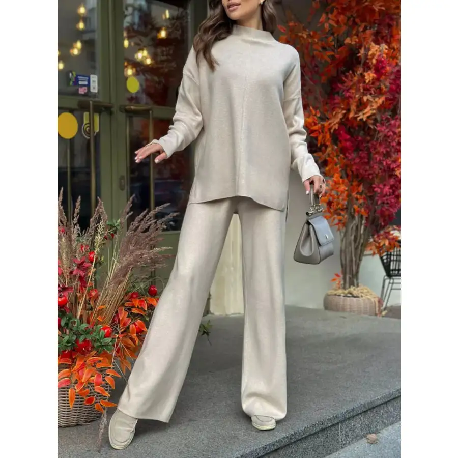 Slit Mock Neck Top and Pants Sweater Set