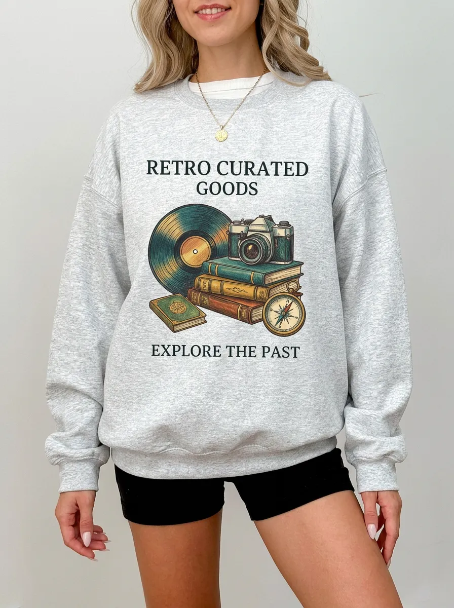 Unisex Retro Vintage Lover Vinyl Camera Books Printed Sweatshirt