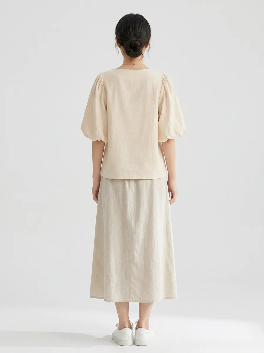 Embroidered Square-Neck Button-Front Women's Puff-Sleeve Blouse