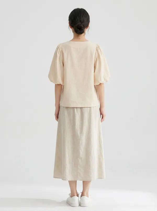 Embroidered Square-Neck Button-Front Women's Puff-Sleeve Blouse