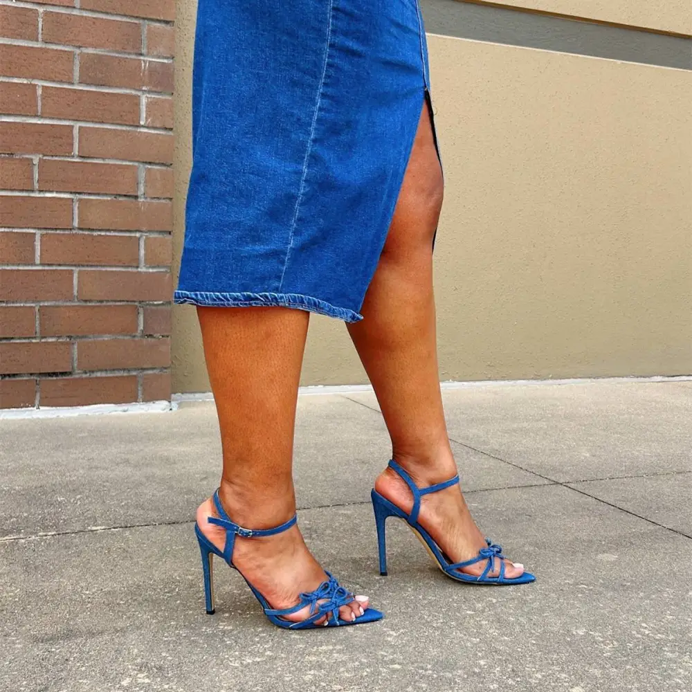 Denim Pointed Toe Bow Buckle Strap Sandals