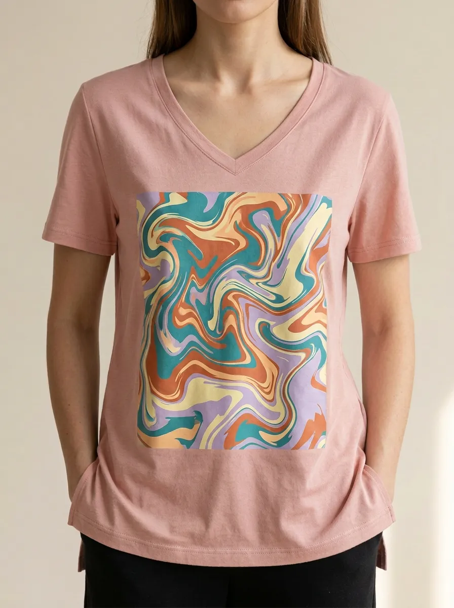 Women's Retro Aesthetic Abstract Swirl Printed V-Neck T-Shirt Graphic Pattern