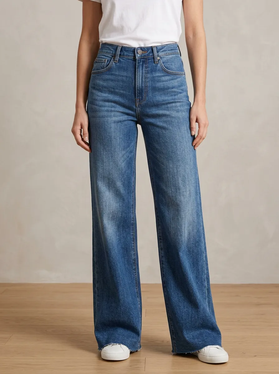 Wide-Leg High-Rise Raw-Hem Denim Denim Jeans