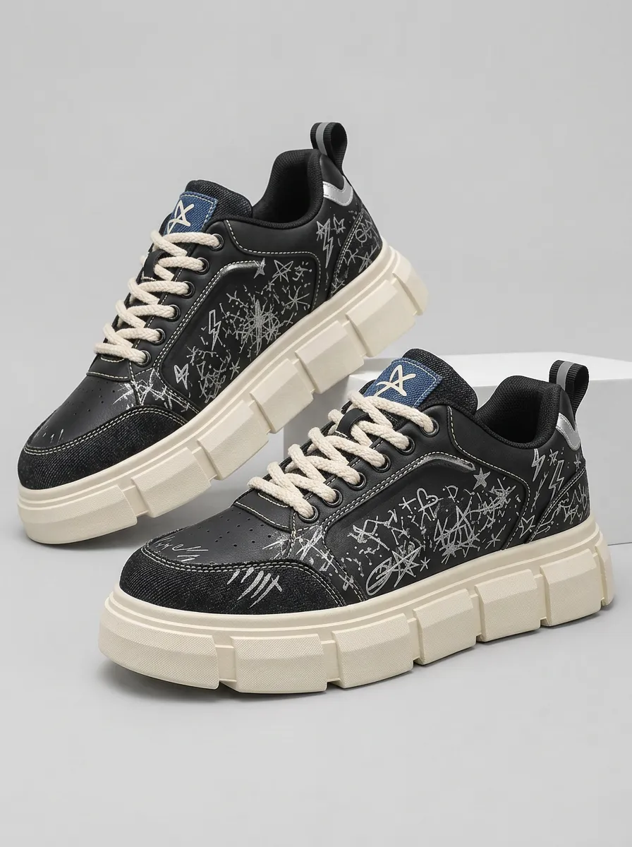 Men's Minimal Streetwear Graffiti Star Lightning Patterned Minimal Skate Shoes
