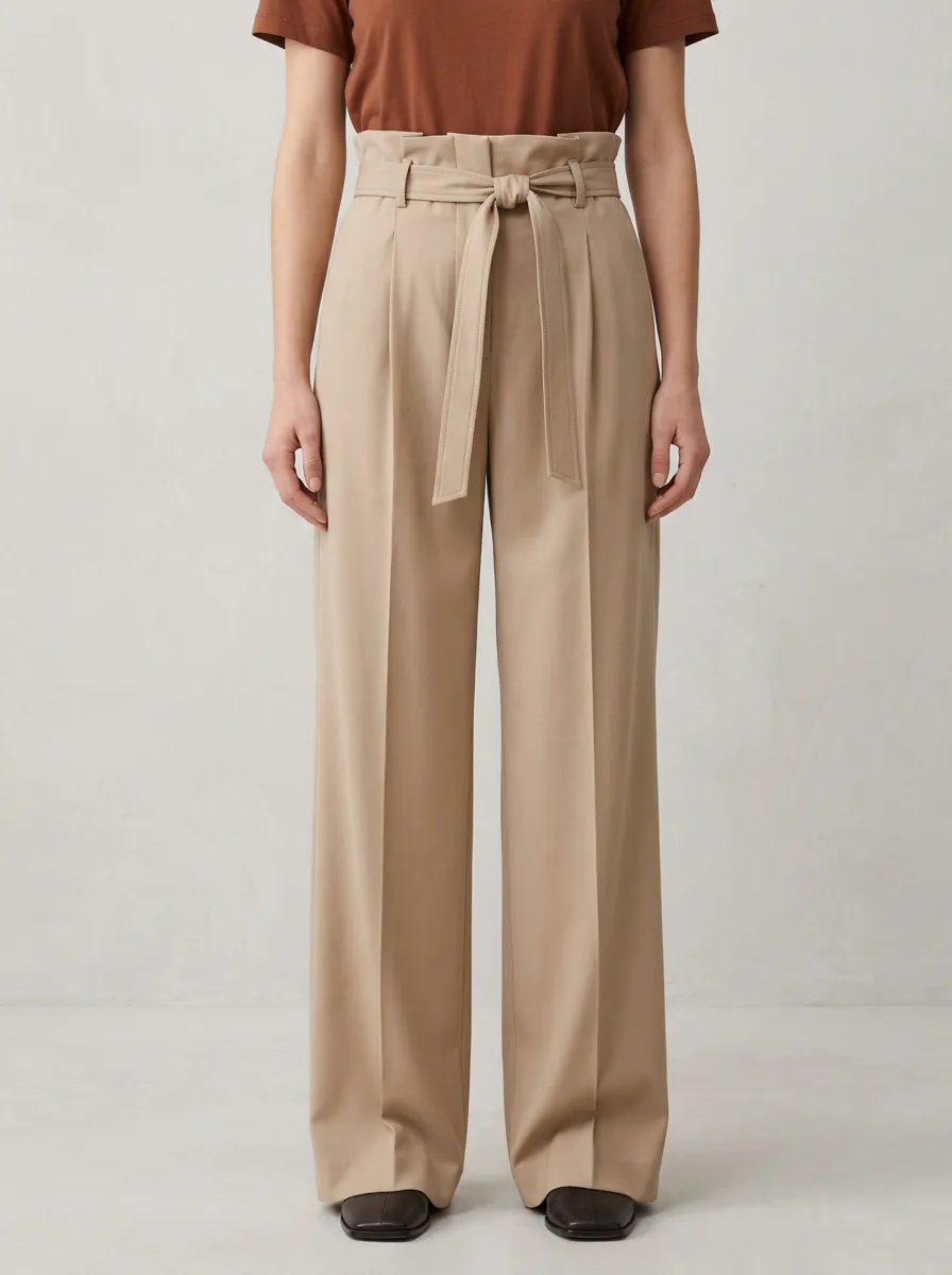 Side Pockets Belted High Rise Wide Leg Pants