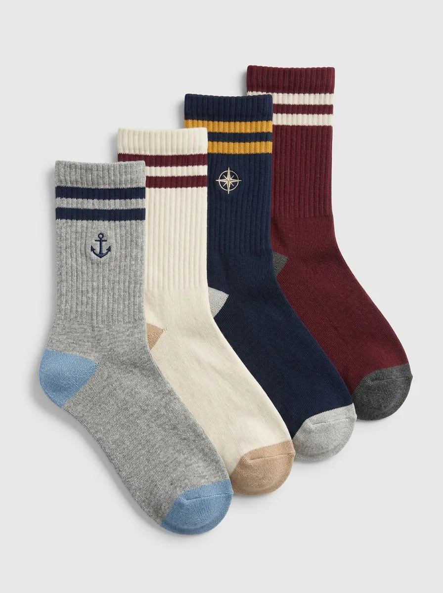 Compass Motif Striped Ribbed Texture Embroidered Detail Men's Crew Socks Four-Pair Pack