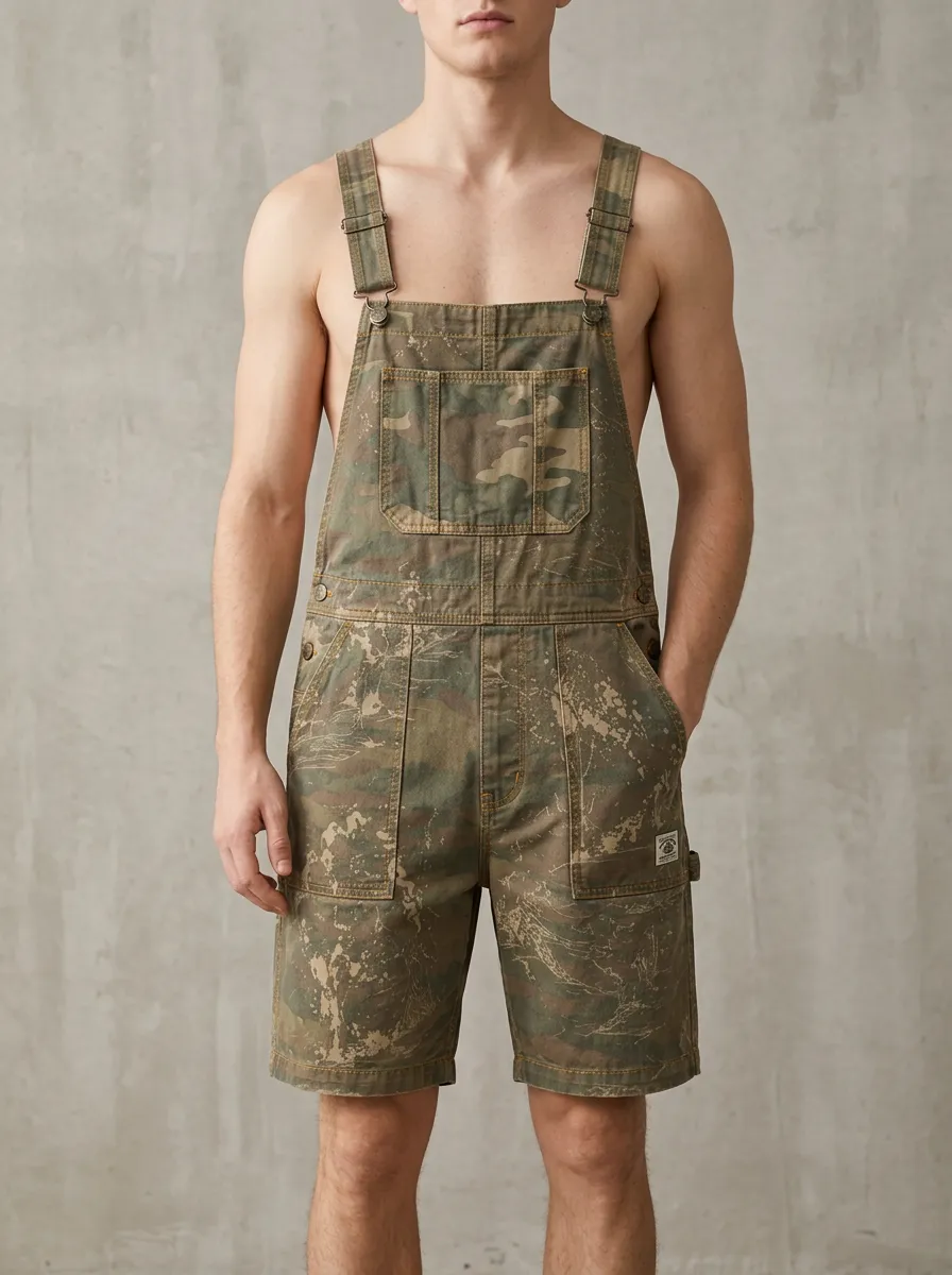 Men's Outdoor Casual Camouflage Printed Bib Overalls Shorts