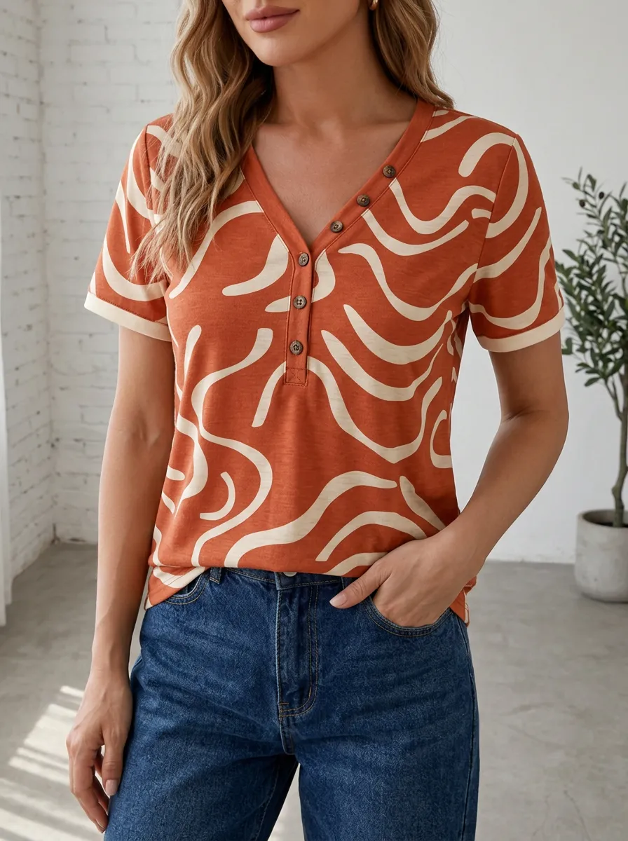 Women's Abstract Swirl Pattern Printed Henley Shirt