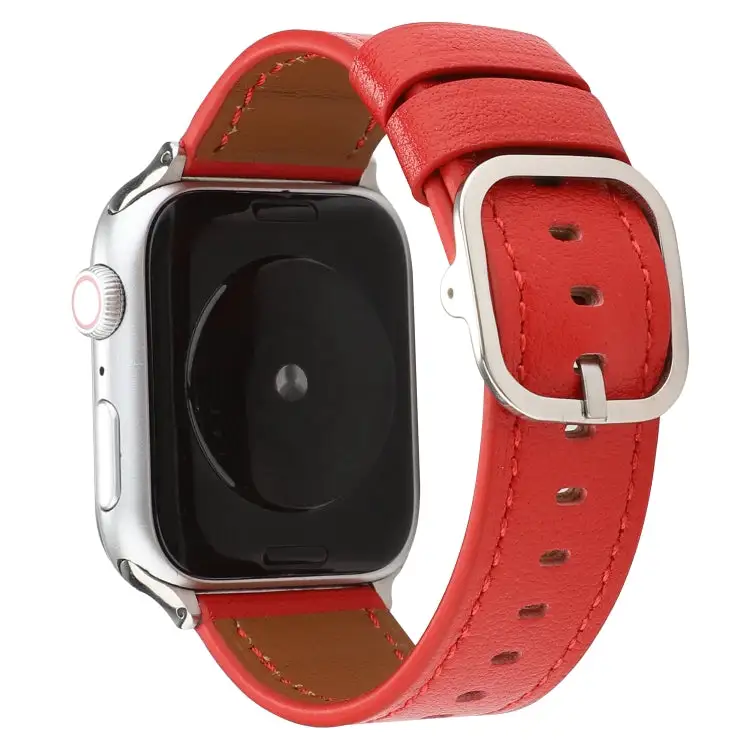 Buckle Genuine Leather Strap Watch Band for Watch Series 7 45 mm / 6 & SE & 5 & 4 44 mm / 3 & 2 & 1 42 mm - Red