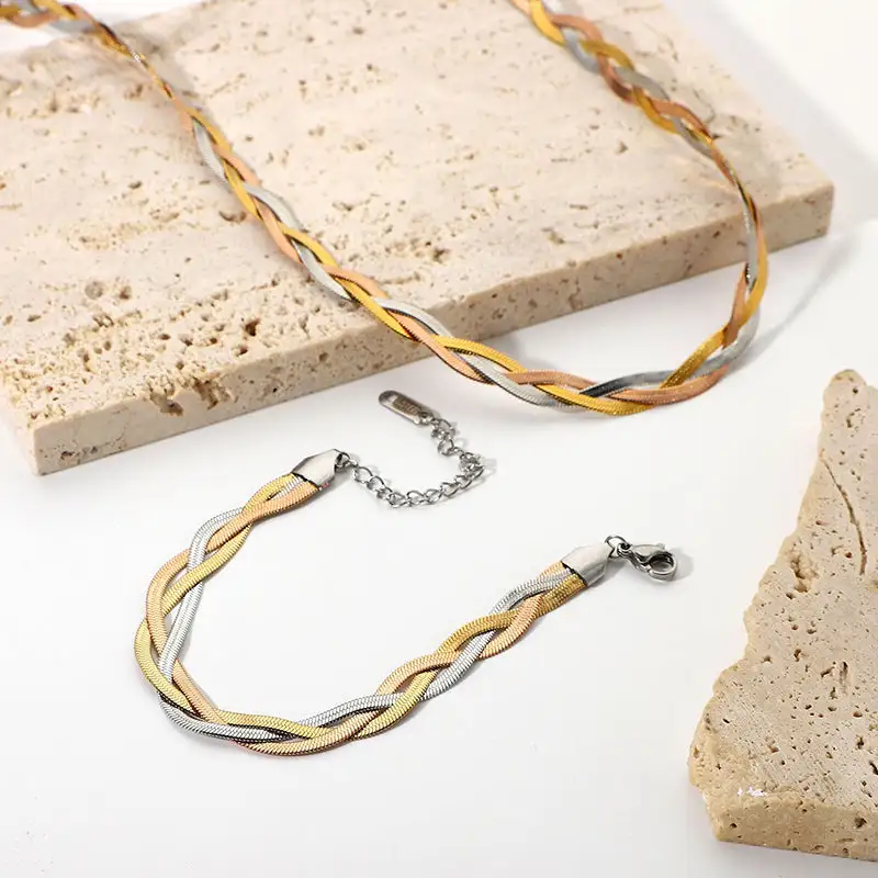 Tricolour Braided Snake Chain Bracelet and Necklace Set