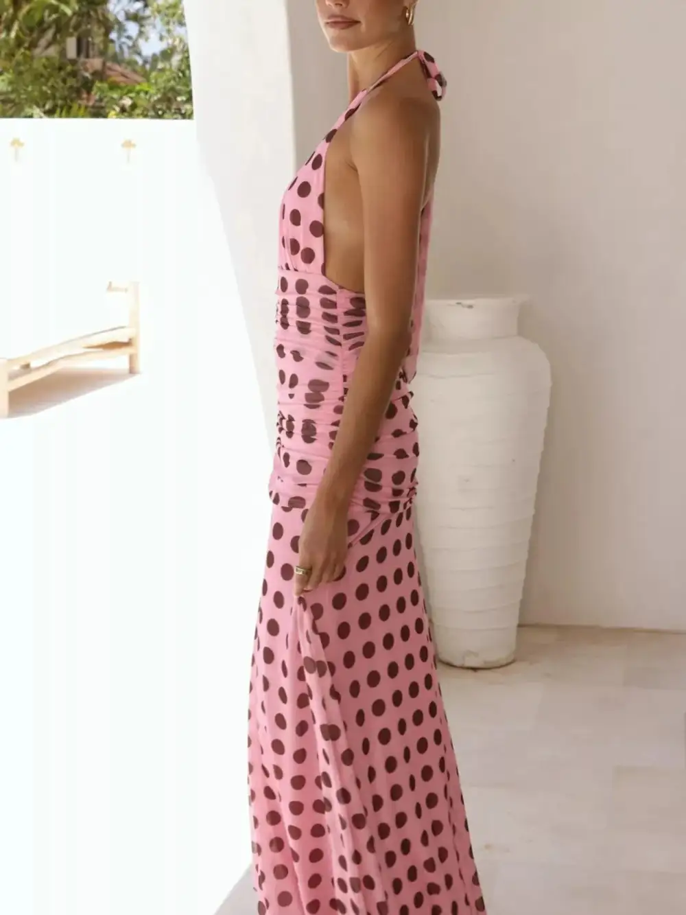 Polka Dot Ruched Maxi Dress