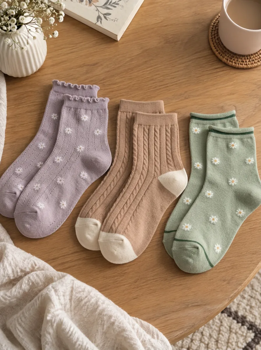 Women's Floral Daisy Patterned Ruffle Trim Printed Socks 3-Pack