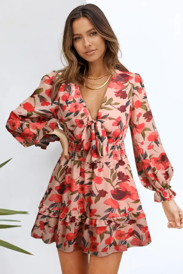 V Neck Lantern Sleeve Knotted Tiered Mini Dress