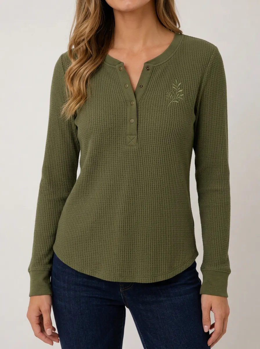 Easygoing Layered Leaf Embroidered Waffle Knit Henley Top