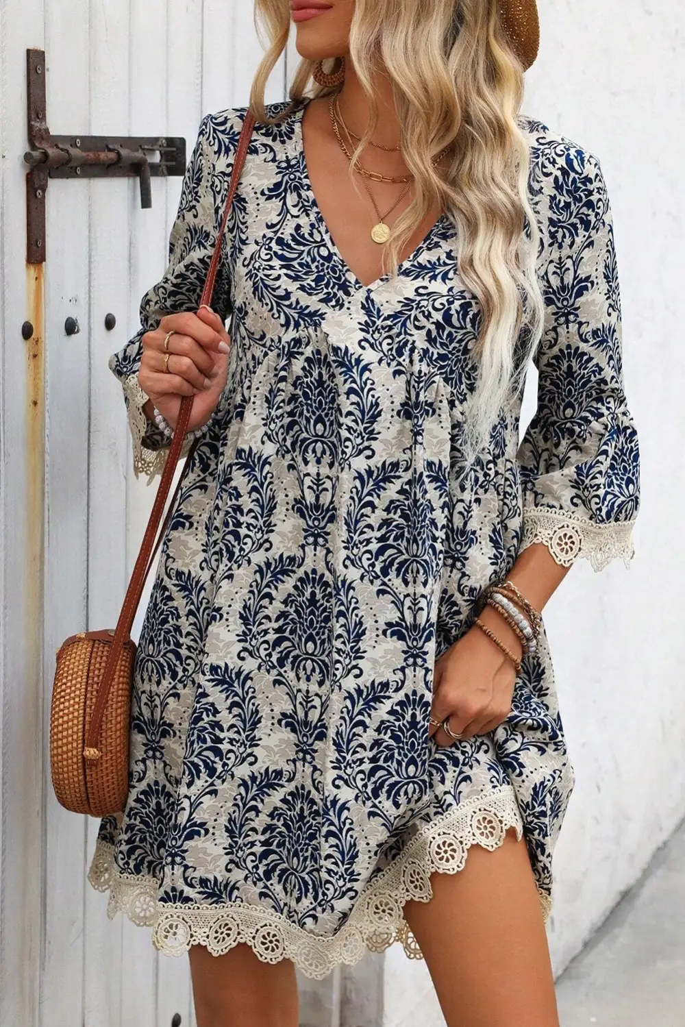 Vintage Printed Lace Trim V Neck Sleeve Loose Dress