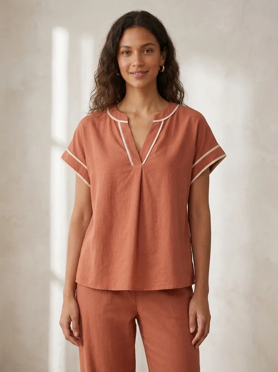 Contrast-Trim Women's V-Neck Shirt