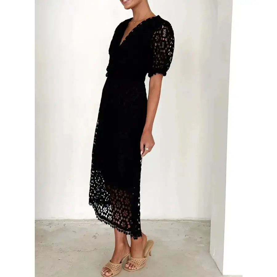 Eyelet Lace V-Neck Midi Dress with Puff Sleeves
