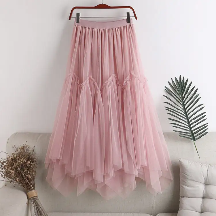 Casual High Waist Midi Skirt With Asymmetrical Mesh Layers