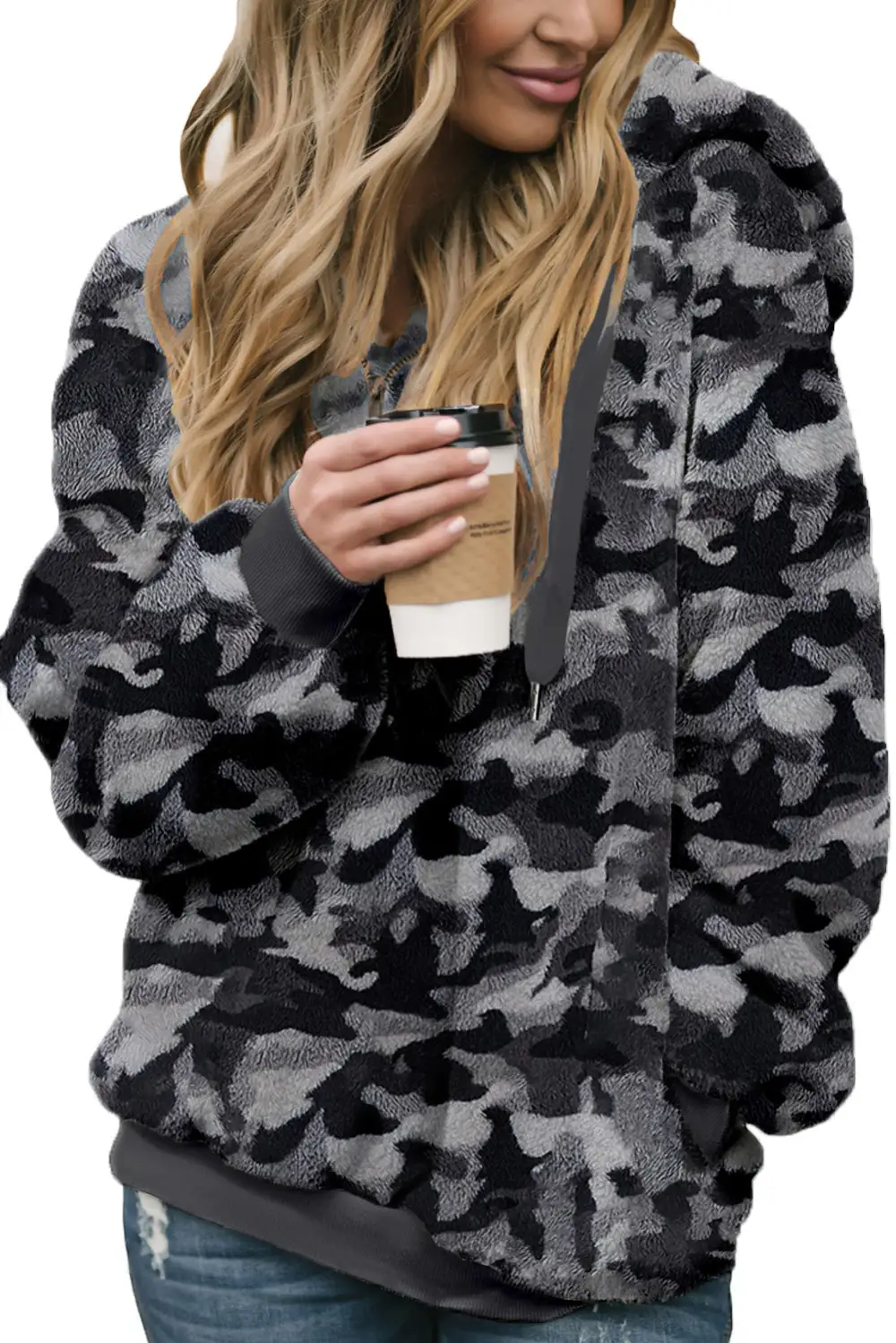 Camo Print Warm Furry Hoodie