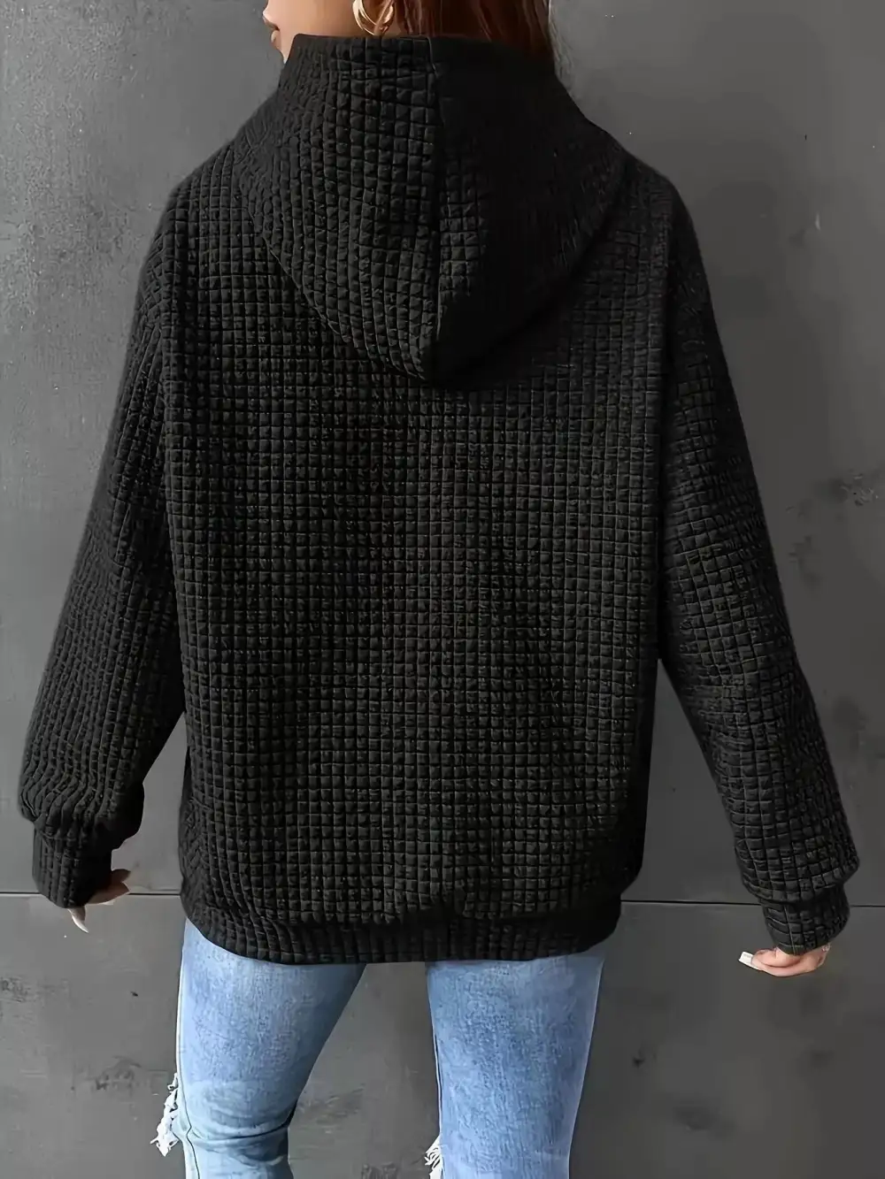 Drawstring Pocketed Textured Knit Hoodie