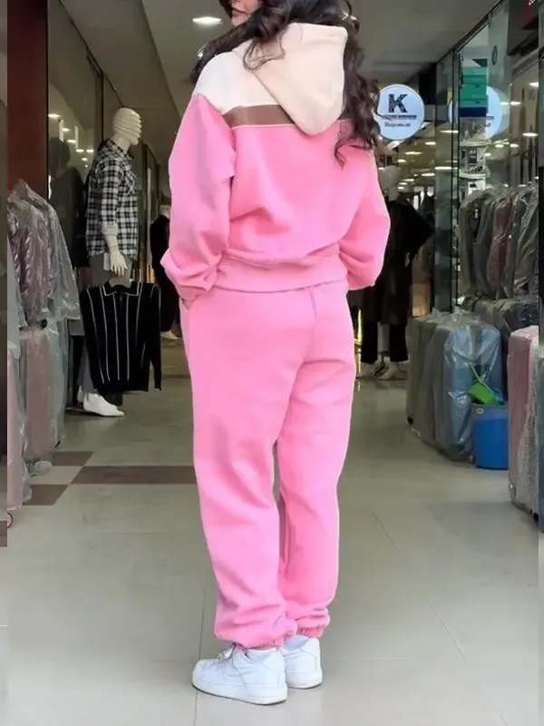 Casual Hooded Contrast Sweatshirt Suit