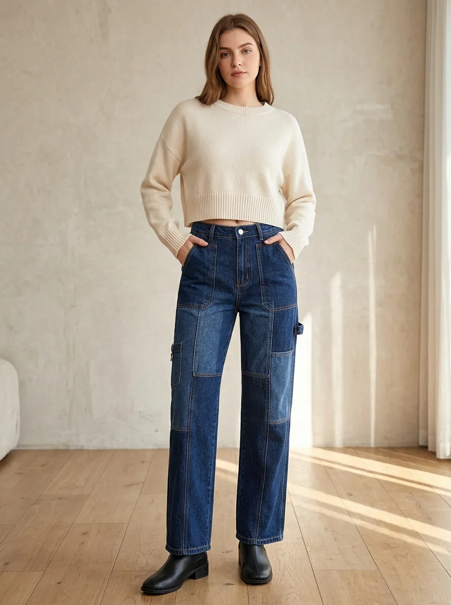 Women's Casual Patchwork Denim High-Waisted Cargo Jeans