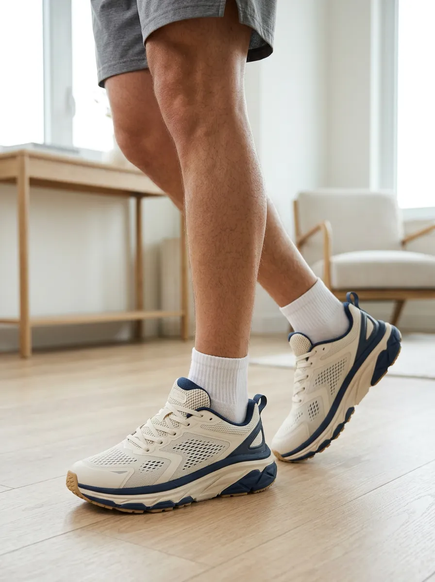 Men's Beige Navy Mesh Breathable Printed Sneakers